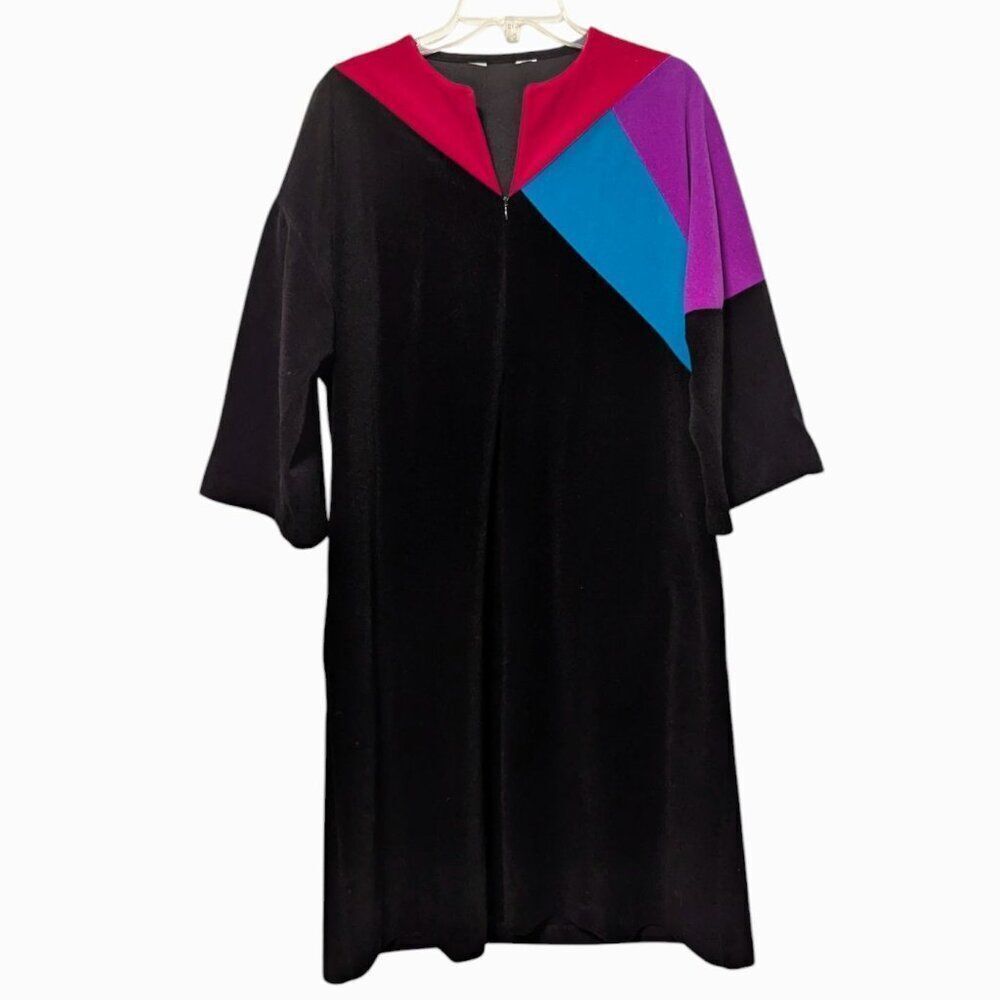 VTG Vanity Fair Color Block Black Zip Velour Robe House Coat Dressing Gown No Sz